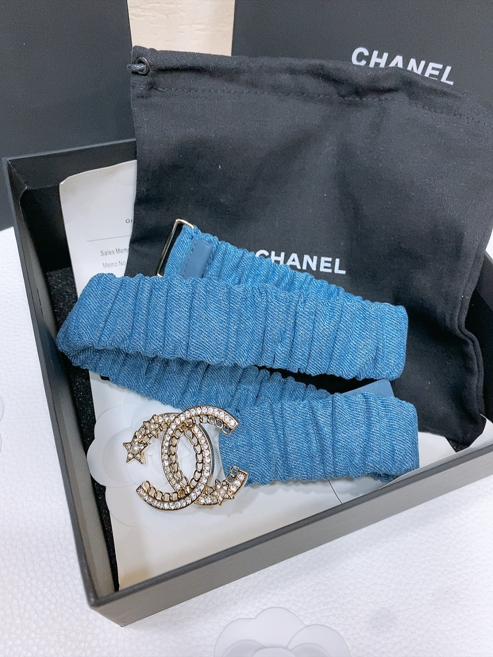 CHANEL DOUBLE C ELASTIC BELT 30MM IN BLUE DENIM GOLD CRYSTAL STAR EMBELLISHED BUCKLE