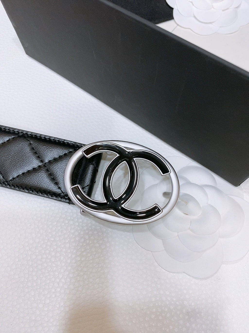 CHANEL DOUBLE C BELT 38MM IN BLACK QUILTED LAMBSKIN SILVER OVAL BUCKLE CENTERED BLACK LOGO