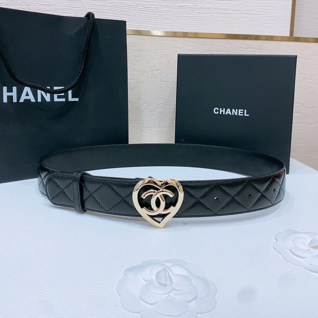 CHANEL DOUBLE C 38MM IN BLACK QUILTED LAMBSKIN GOLD HEART BUCKLE