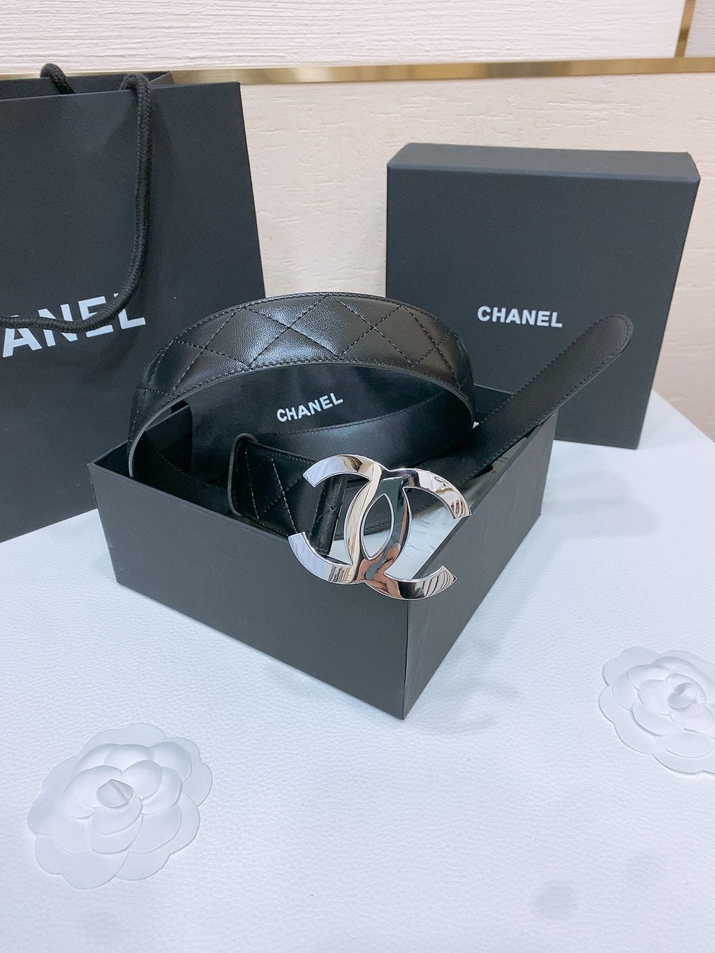 CHANEL DOUBLE C 38MM IN BLACK QUILTED LAMBSKIN SILVER BUCKLE
