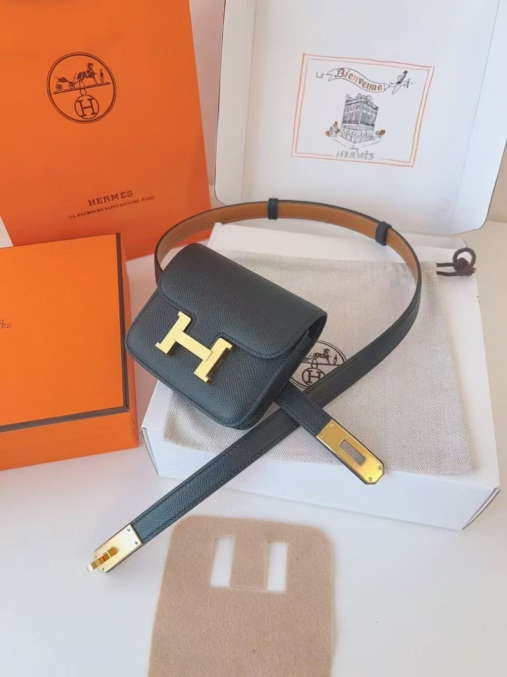 HERMES KELLY CONSTANCE SLIM WALLET BELT IN BLACK CALFSKIN GOLD HARDWARE