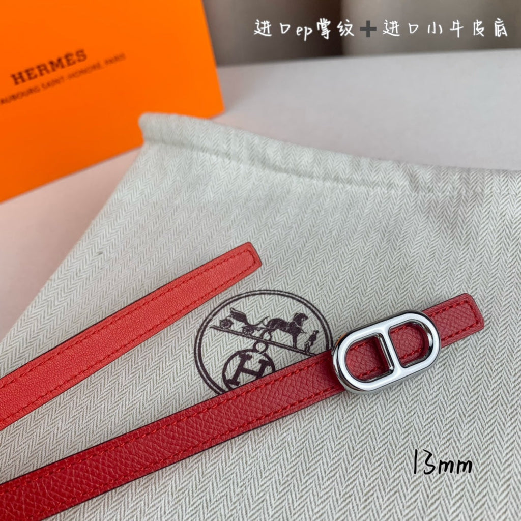 HERMES MAILLON H BELT BUCKLE & REVERSIBLE CHERRY RED LEATHER STRAP 13 MM SILVER HARDWARE