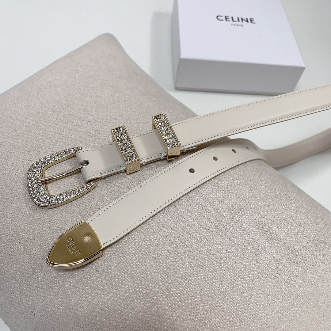 CELINE CL 25 MM MARCO BELT WITH STRASS IN WHTE CALFSKIN GOLD HARDWARE