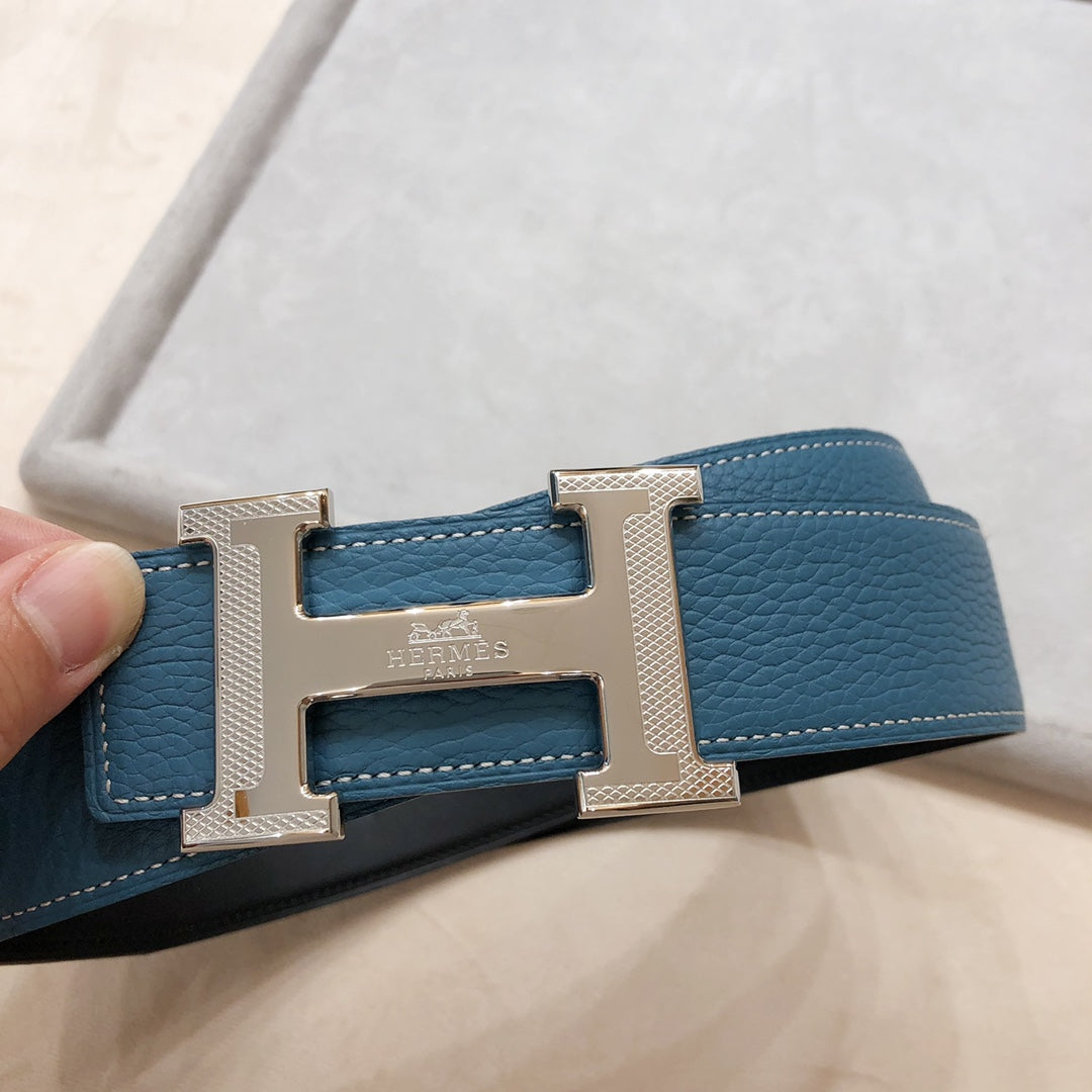 HERMES H D'ANCRE BELT BUCKLE & REVERSIBLE BLUE GREEN LEATHER STRAP 38 MM SILVER HARDWARE