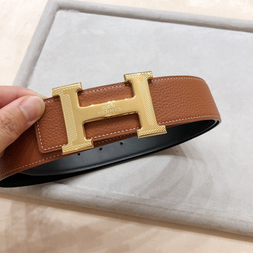 HERMES H D'ANCRE BELT BUCKLE & REVERSIBLE BRONZE BROWN LEATHER STRAP 38 MM GOLD HARDWARE