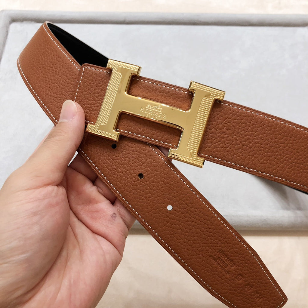 HERMES H D'ANCRE BELT BUCKLE & REVERSIBLE BLACK AND BRONZE BROWN LEATHER STRAP 38 MM GOLD HARDWARE
