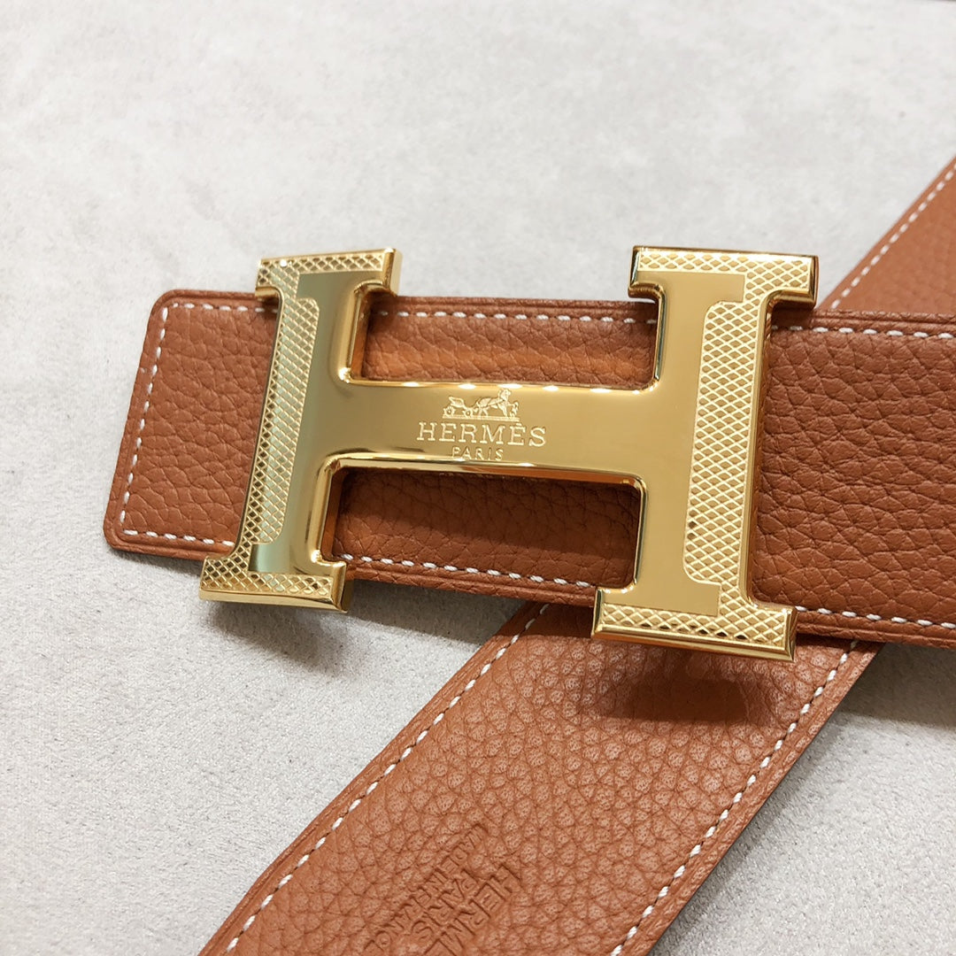 HERMES H D'ANCRE BELT BUCKLE & REVERSIBLE BLACK AND BRONZE BROWN LEATHER STRAP 38 MM GOLD HARDWARE