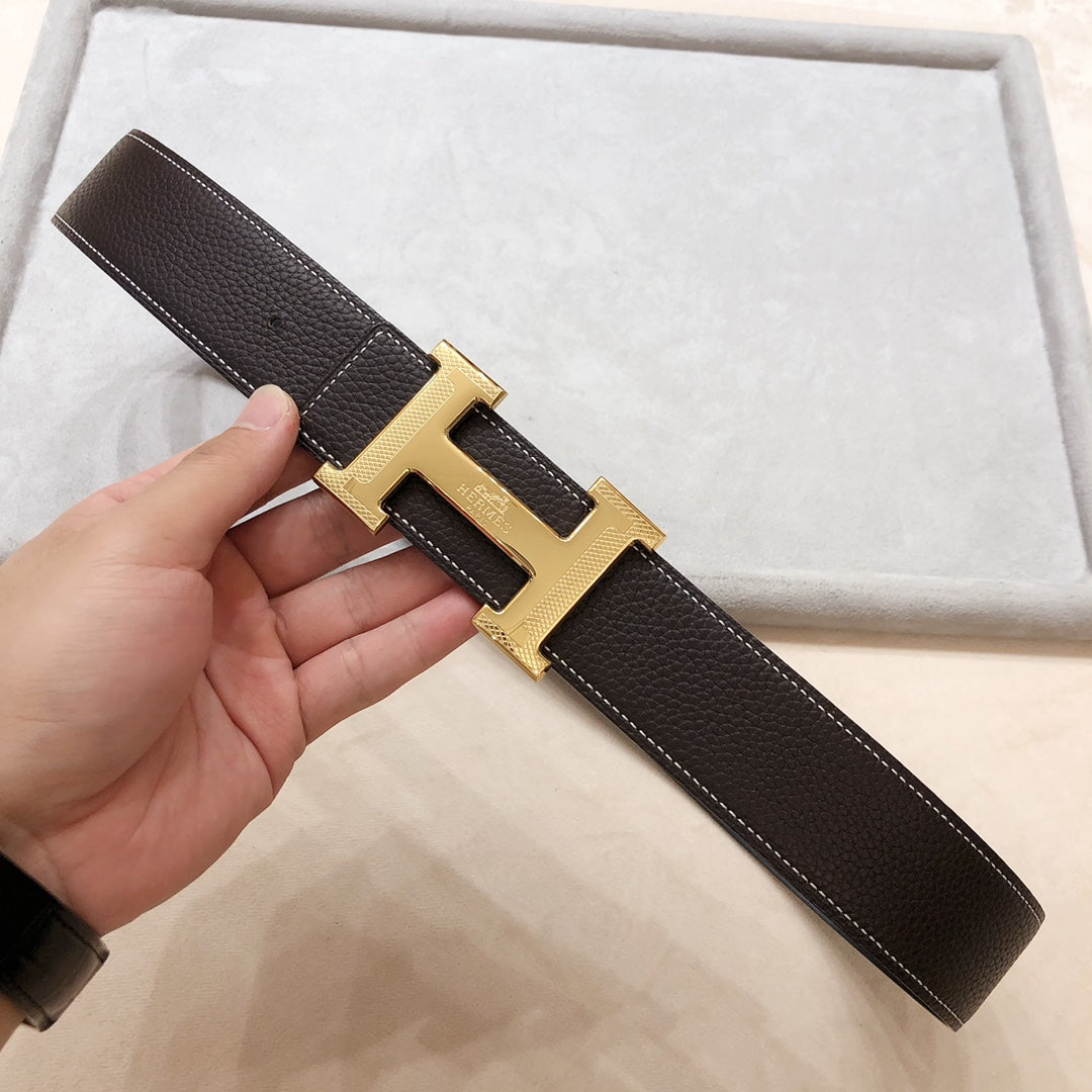 HERMES H D'ANCRE BELT BUCKLE & REVERSIBLE BLACK AND CHOCOLATE BROWN LEATHER STRAP 38 MM GOLD HARDWARE