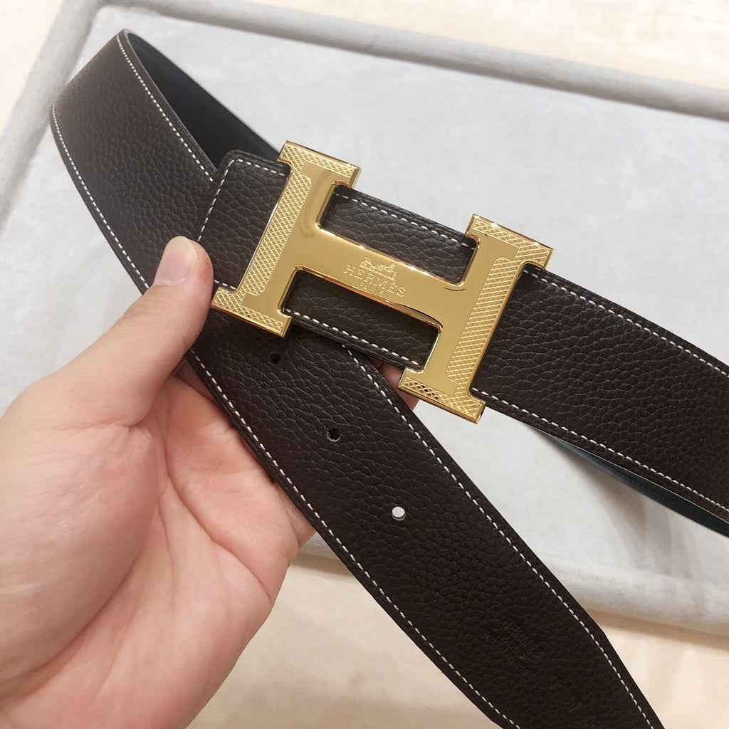 HERMES H D'ANCRE BELT BUCKLE & REVERSIBLE BLACK AND CHOCOLATE BROWN LEATHER STRAP 38 MM GOLD HARDWARE