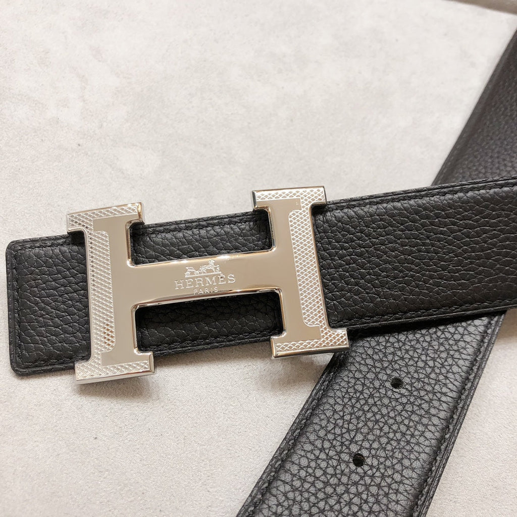 HERMES H D'ANCRE BELT BUCKLE & REVERSIBLE BLACK LEATHER STRAP 38 MM SILVER HARDWARE