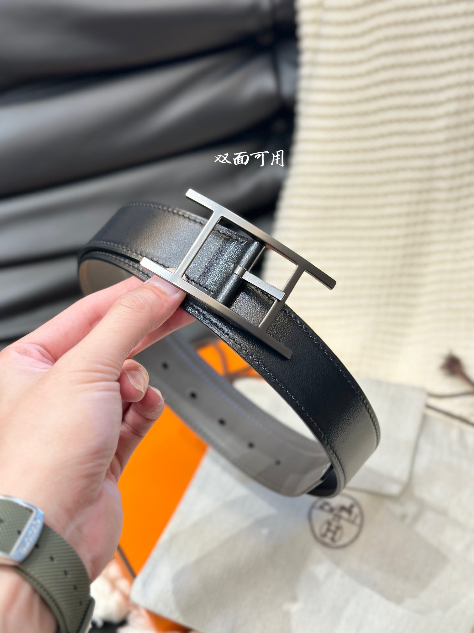 HERMES QUENTIN 32MM REVERSIBLE BELT BLACK AND KHAKI BROWN LEATHER BLACK HARDWARE