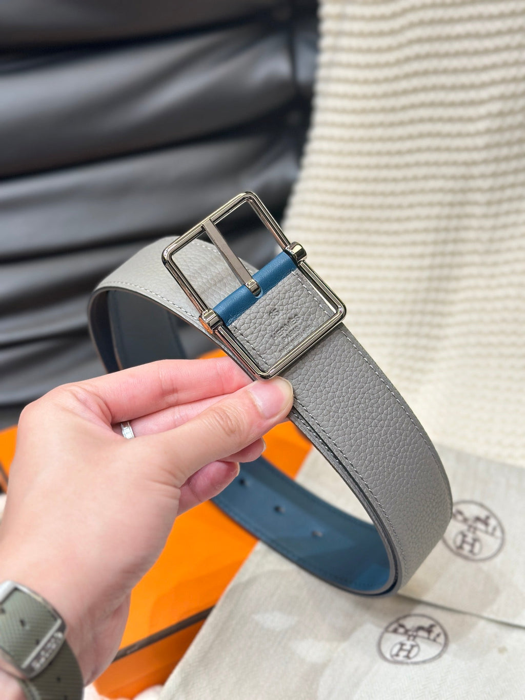 HERMES HADRIEN 38MM REVERSIBLE BELT GREY AND AEGEAN BLUE LEATHER SILVER BUCKLE