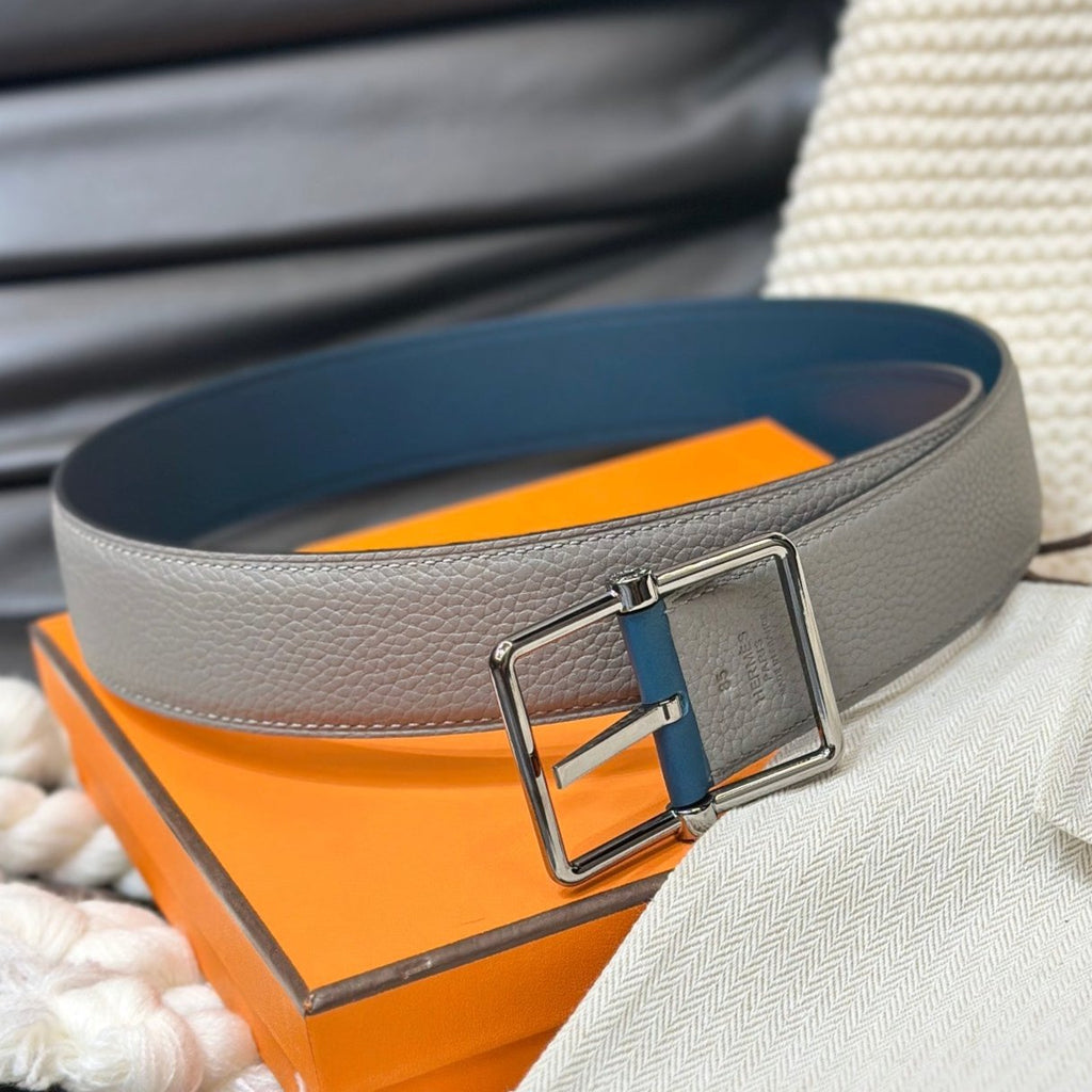 HERMES HADRIEN 38MM REVERSIBLE BELT GREY AND AEGEAN BLUE LEATHER SILVER BUCKLE