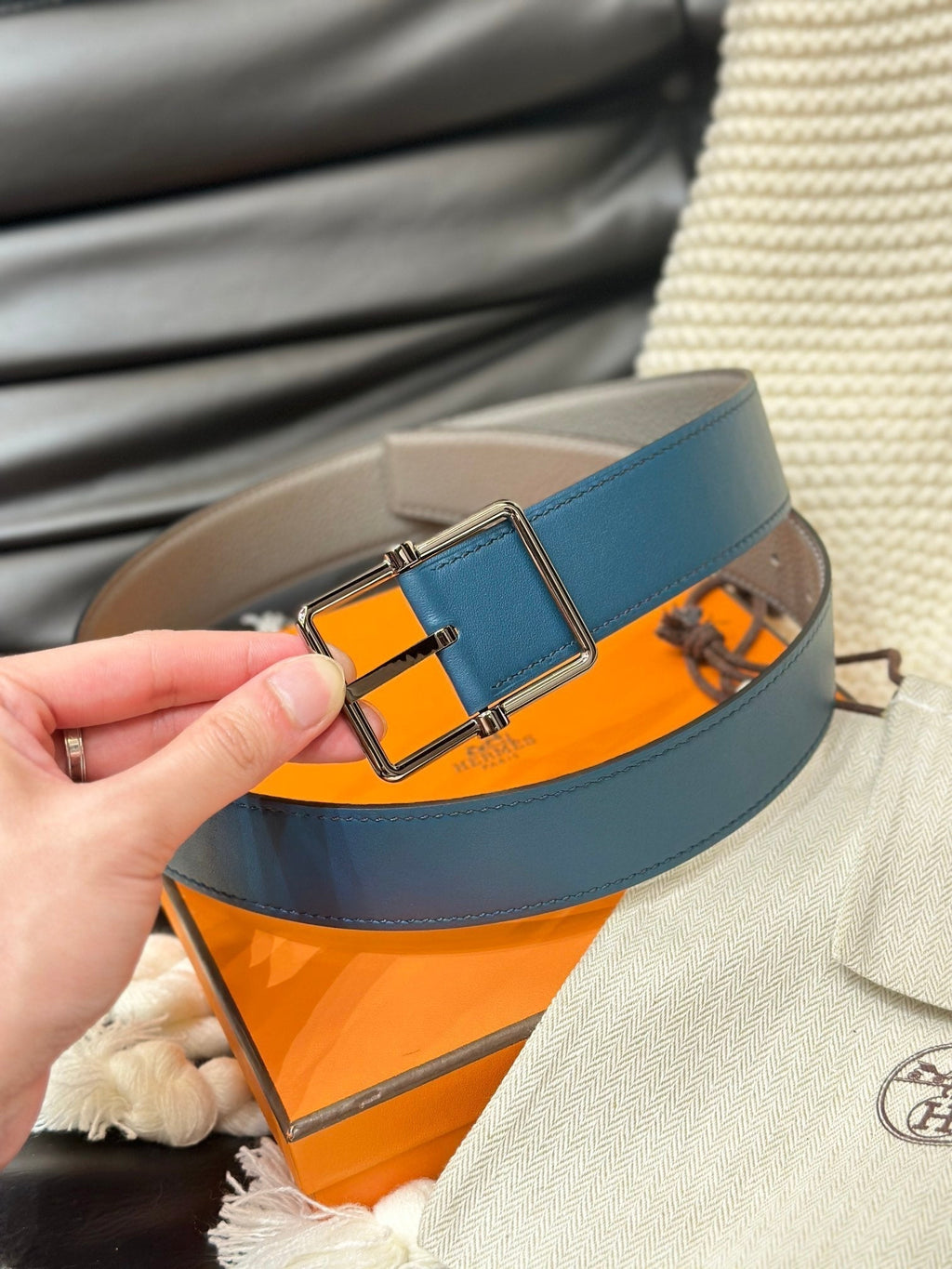 HERMES HADRIEN 38MM REVERSIBLE BELT GREY AND AEGEAN BLUE LEATHER SILVER BUCKLE