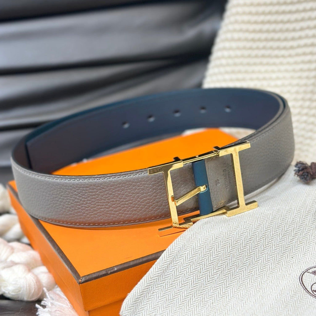 HERMES HADRIEN 38MM REVERSIBLE BELT GREY AND BLUE LEATHER GOLD BUCKLE