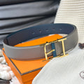 HERMES HADRIEN 38MM REVERSIBLE BELT GREY AND BLUE LEATHER GOLD BUCKLE