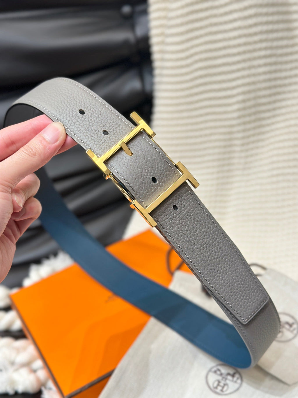 HERMES HADRIEN 38MM REVERSIBLE BELT GREY AND BLUE LEATHER GOLD BUCKLE