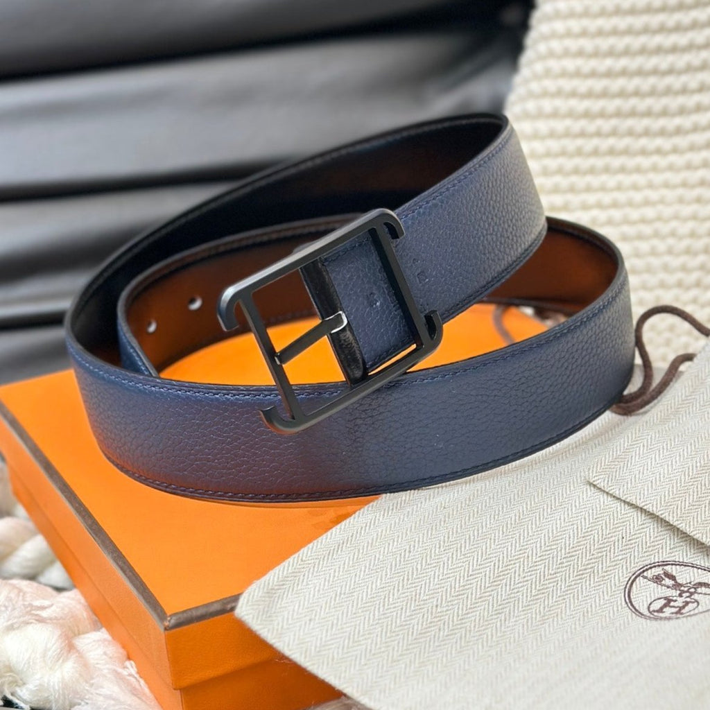 HERMES HADRIEN 38MM REVERSIBLE BELT NAVY BLUE AND BLACK LEATHER BLACK BUCKLE