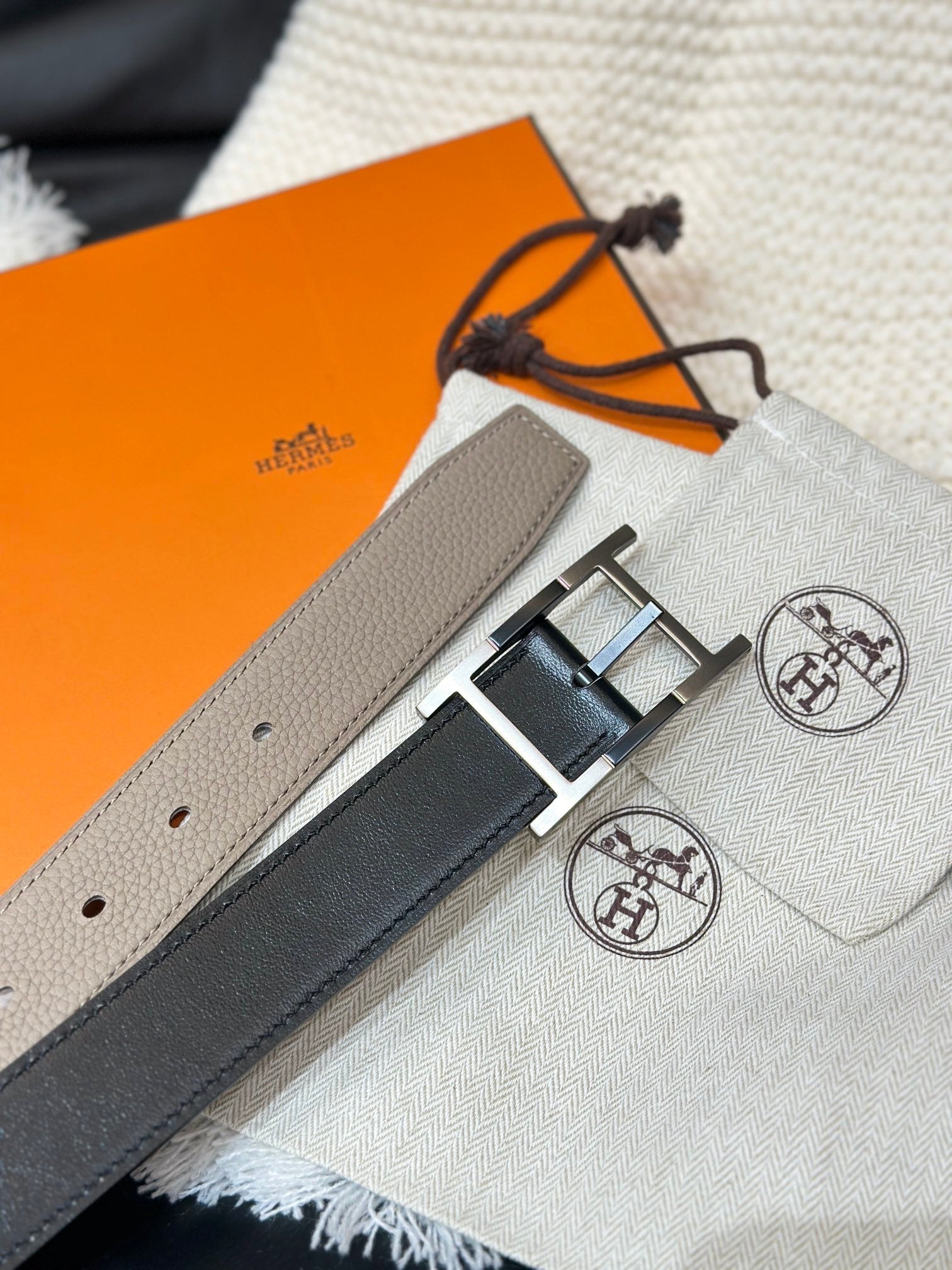 HERMES NEO TANDEM 32MM REVERSIBLE BELT BLACK AND TAN LEATHER SILVER BUCKLE