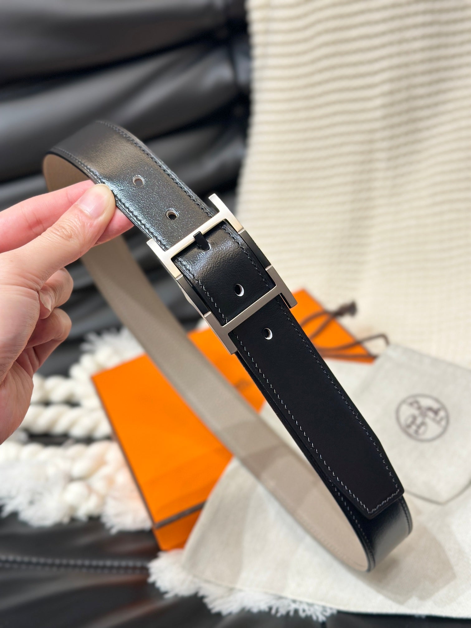 HERMES NEO TANDEM 32MM REVERSIBLE BELT BLACK AND TAN LEATHER SILVER BUCKLE