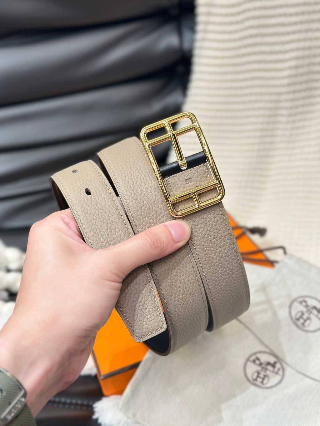 HERMES CAPE COD 32MM REVERSIBLE BELT BLACK AND TAN LEATHER GOLD BUCKLE
