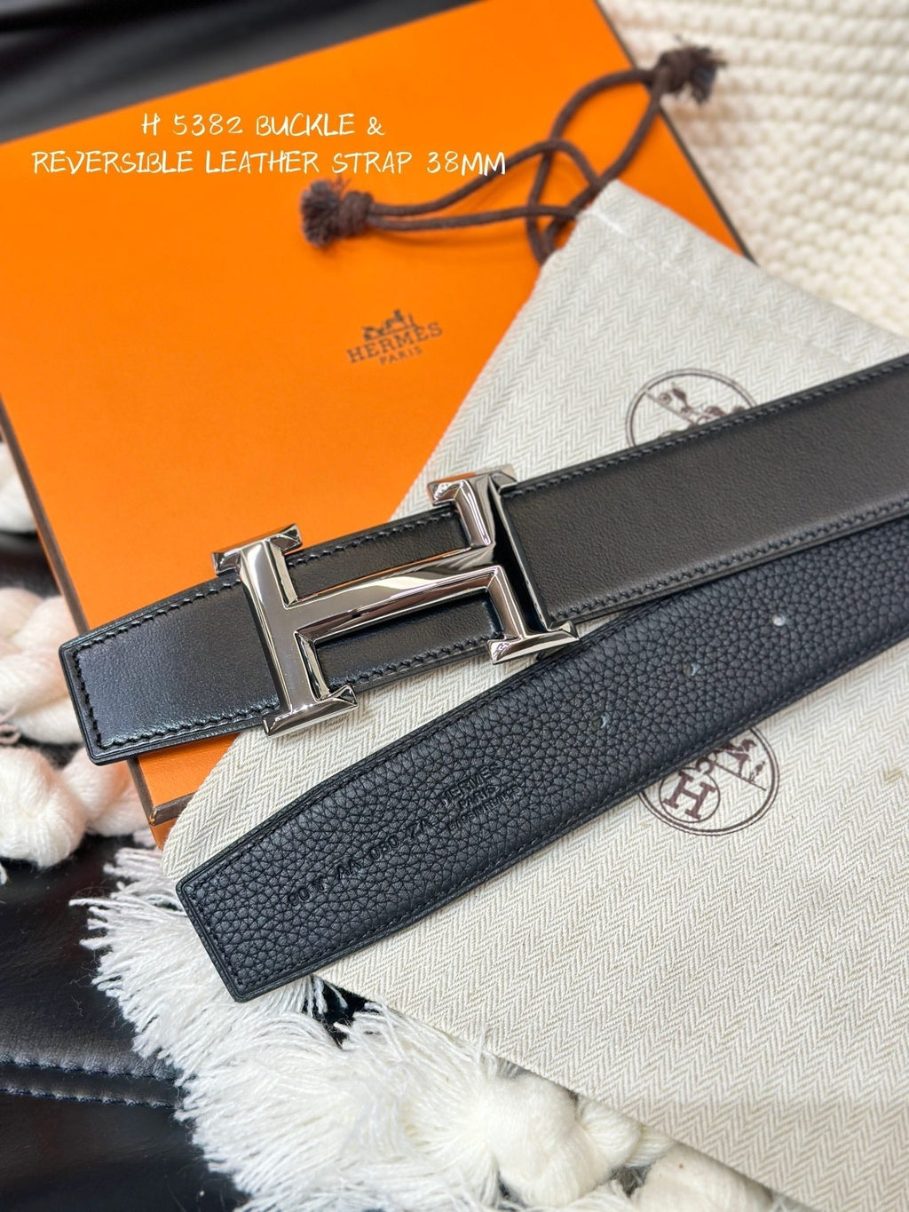 HERMES 5382 BELT SILVER BUCKLE & REVERSIBLE BLACK LEATHER STRAP 38MM