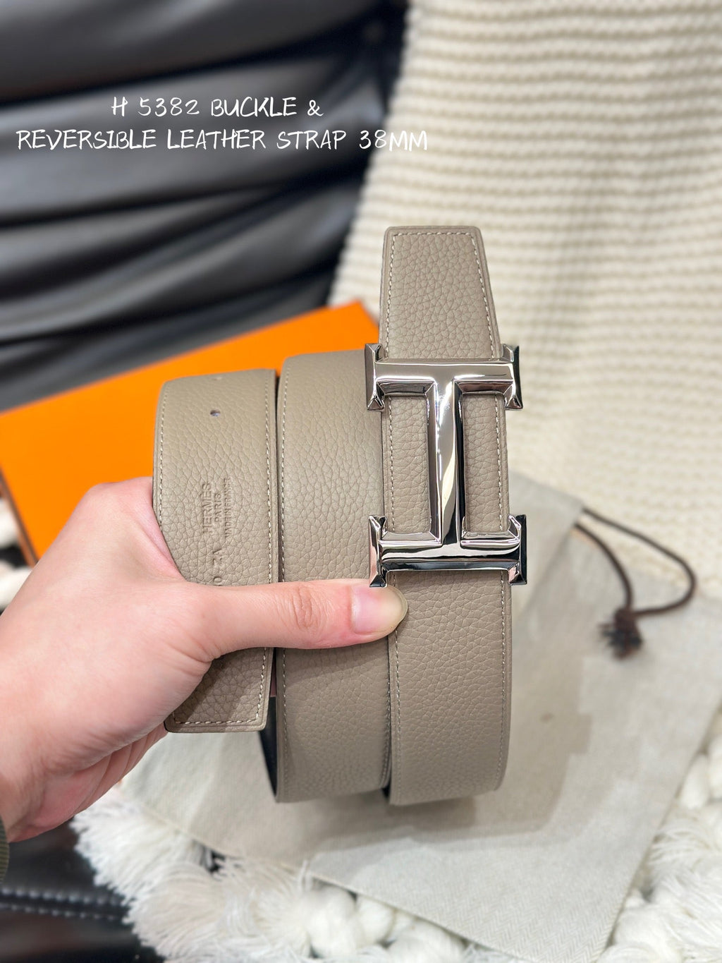 HERMES 5382 BELT SILVER BUCKLE & REVERSIBLE CAMEL BROWN LEATHER STRAP 38MM