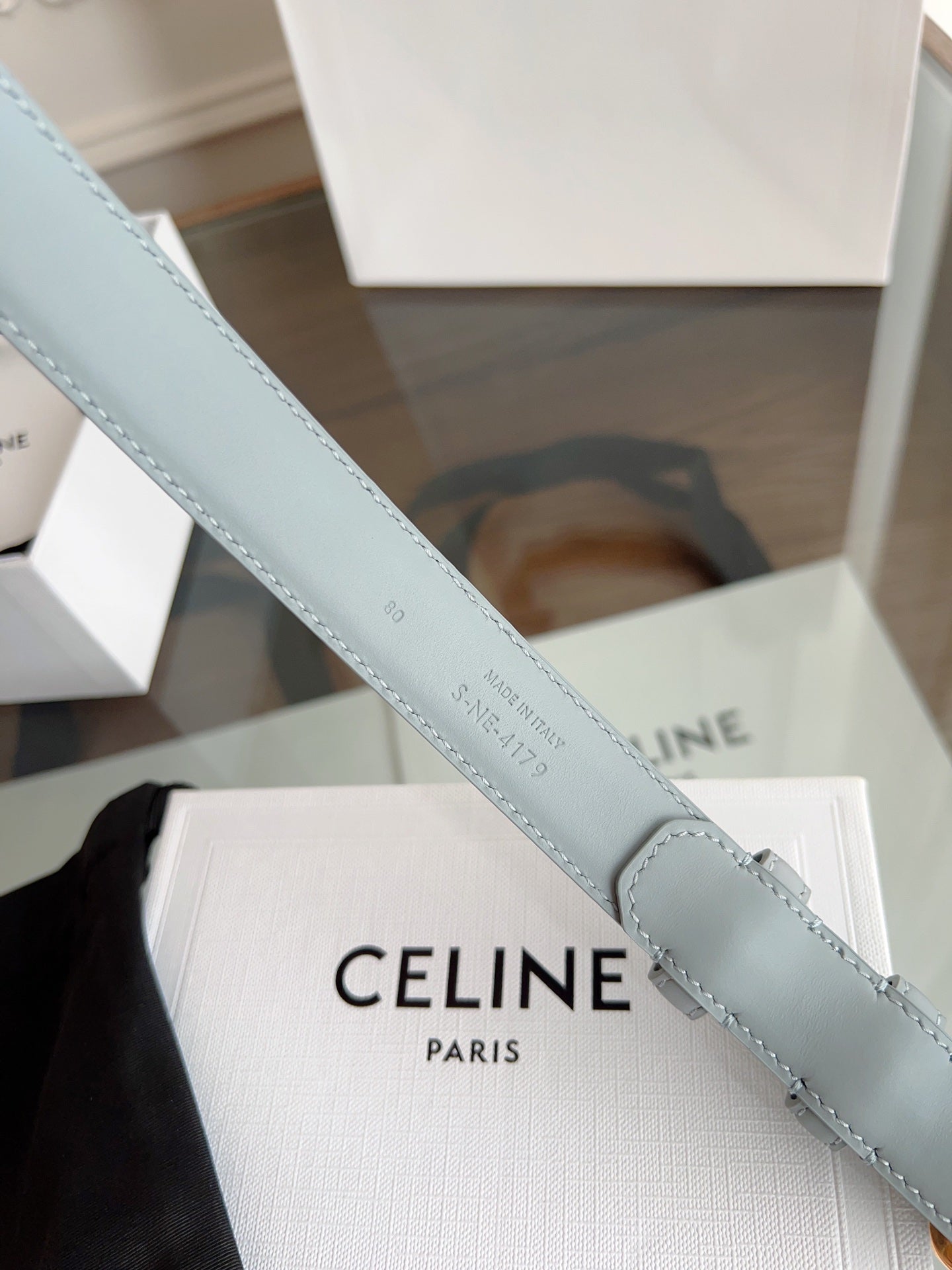 CELINE TRIOMPHE BELT 24MM IN ASH GRAY CALFSKIN WITH GOLD BUCKLE