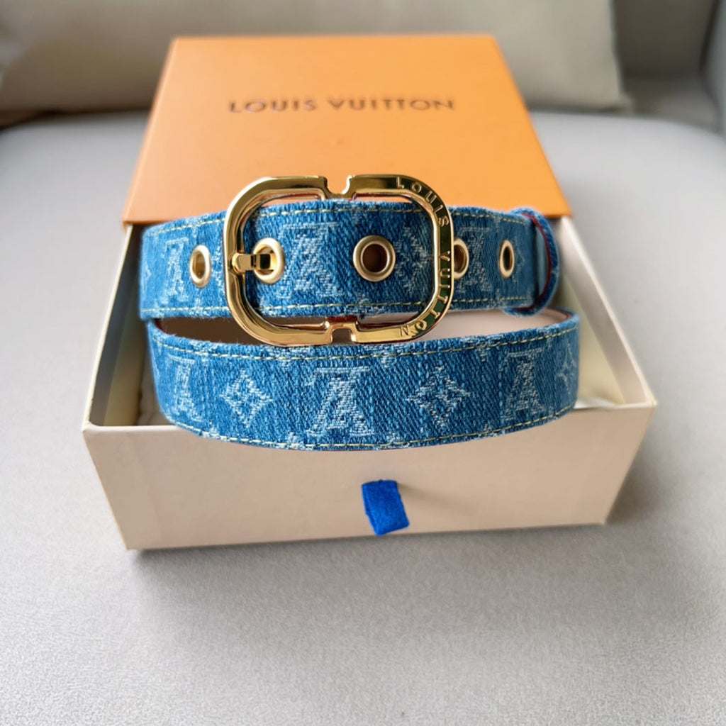 LOUIS VUITTON LV  30MM BELT LIGHT BLUE MONOGRAM DENIM GOLD HARDWARE