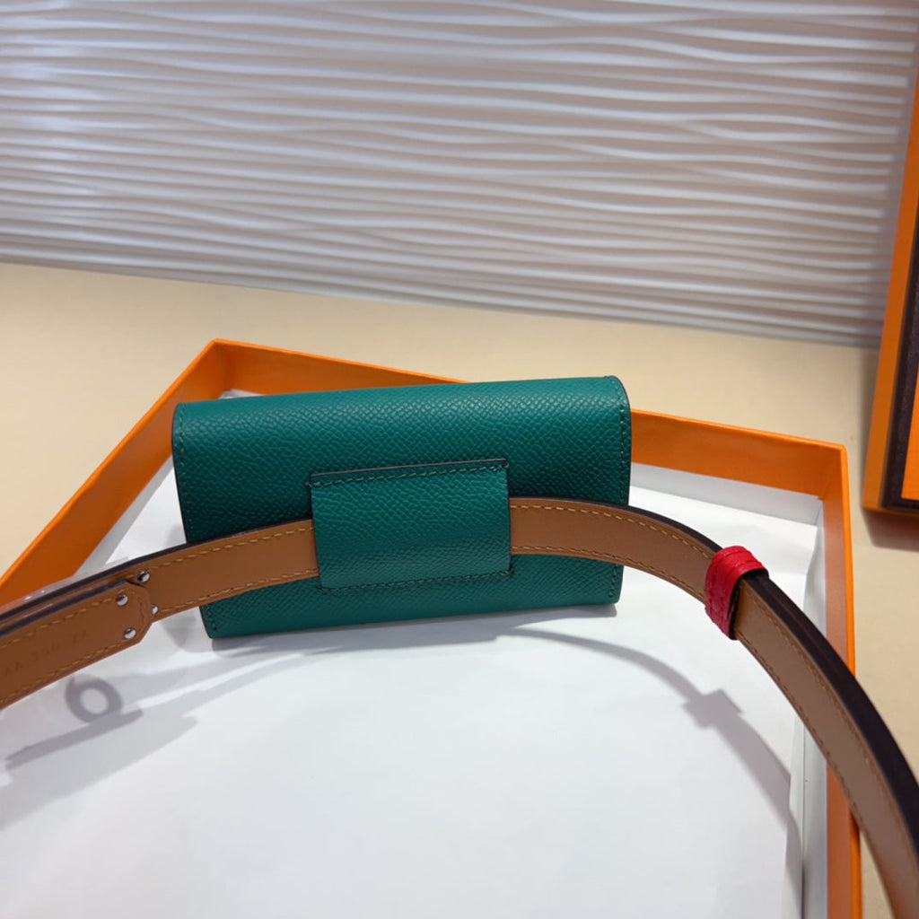 HERMES KELLY TEAL GREEN POCKET 18MM BELT CHERRY RED LEATHER SILVER HARDWARE