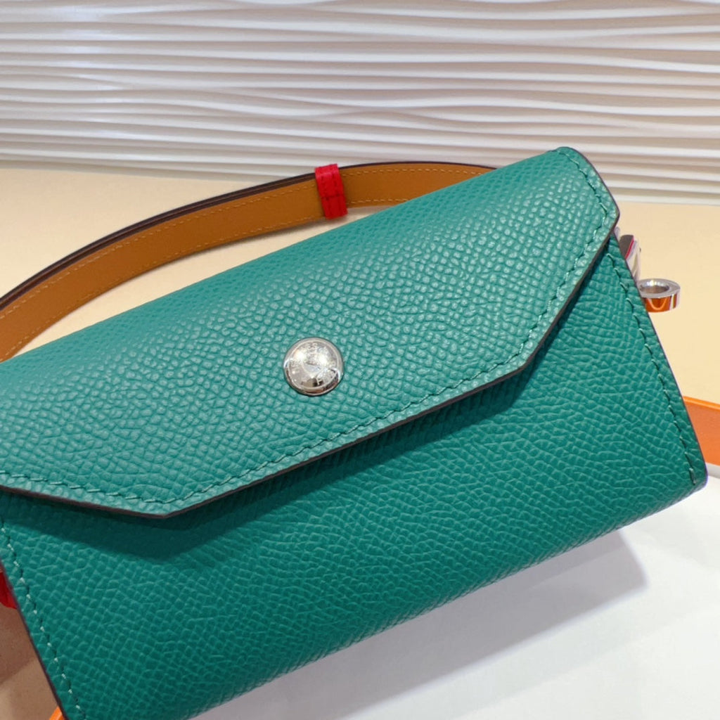 HERMES KELLY TEAL GREEN POCKET 18MM BELT CHERRY RED LEATHER SILVER HARDWARE