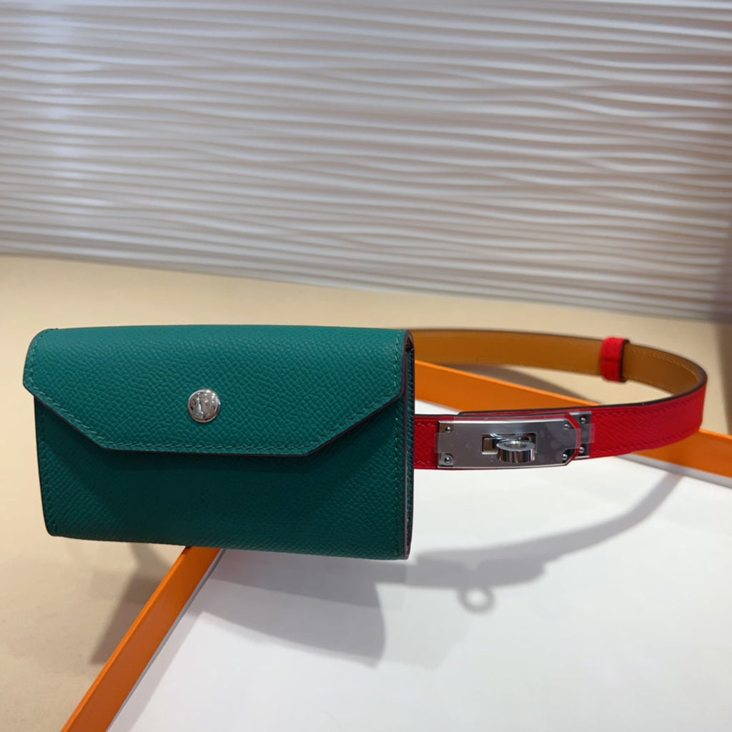 HERMES KELLY TEAL GREEN POCKET 18MM BELT CHERRY RED LEATHER SILVER HARDWARE