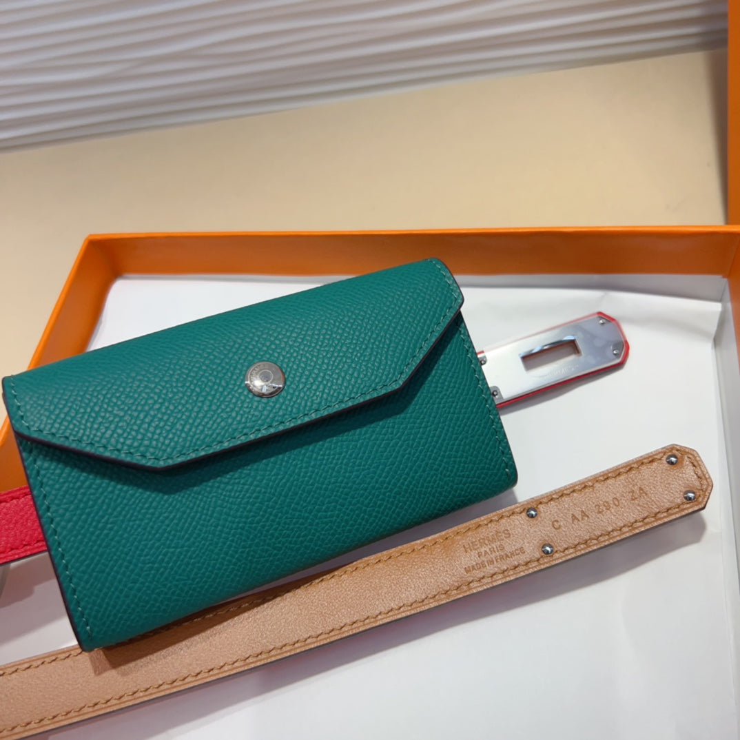 HERMES KELLY TEAL GREEN POCKET 18MM BELT CHERRY RED LEATHER SILVER HARDWARE