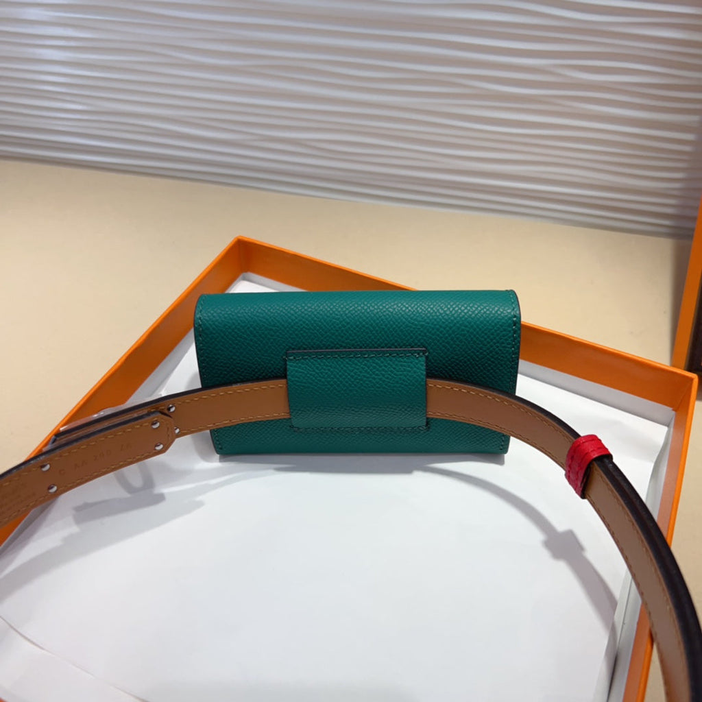 HERMES KELLY TEAL GREEN POCKET 18MM BELT CHERRY RED LEATHER SILVER HARDWARE