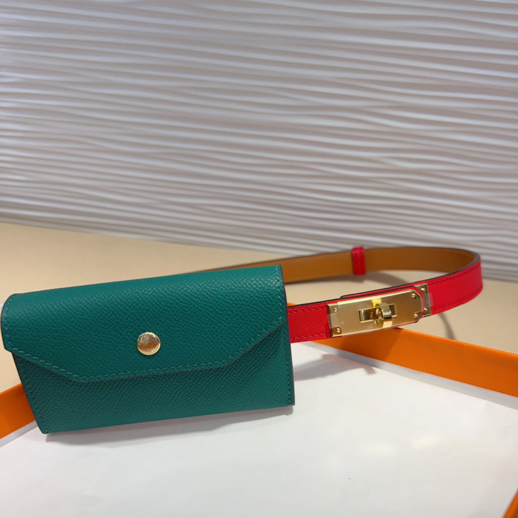 HERMES KELLY TEAL GREEN POCKET 18MM BELT CHERRY RED LEATHER GOLD HARDWARE
