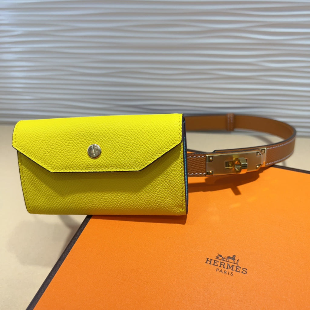 HERMES KELLY LEMON YELLOW POCKET 18MM BELT CINNAMON BROWN LEATHER GOLD HARDWARE