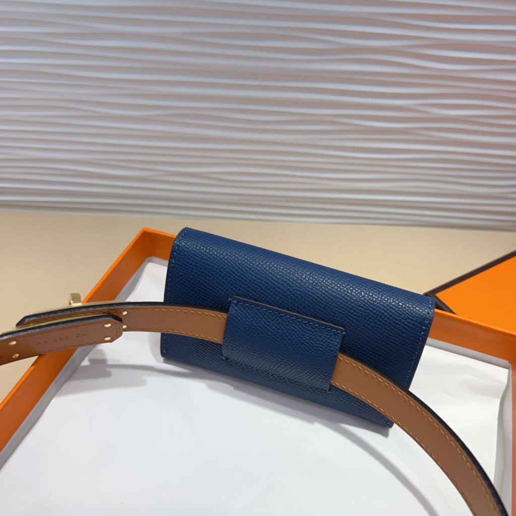 HERMES KELLY NAVY BLUE POCKET 18MM BELT WHITE LEATHER GOLD HARDWARE