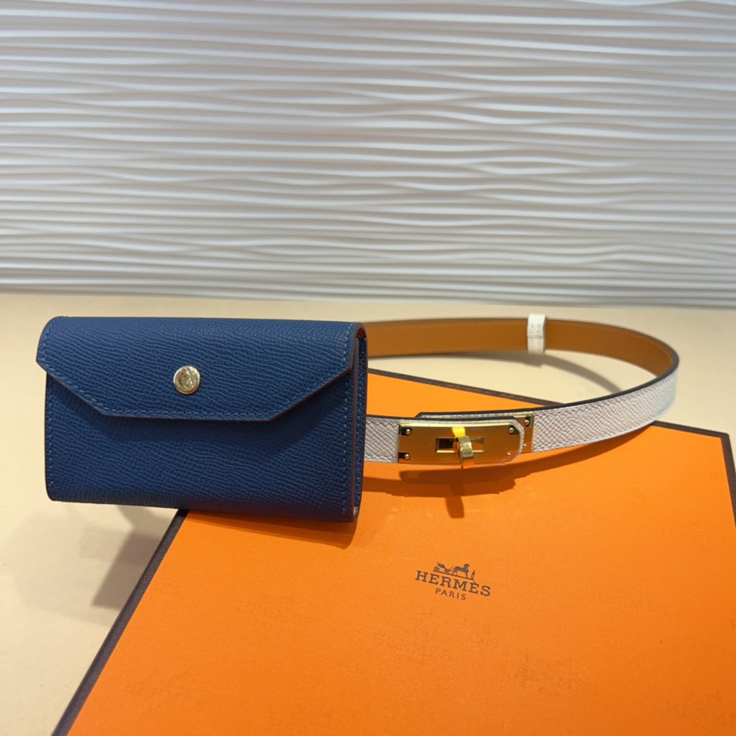 HERMES KELLY NAVY BLUE POCKET 18MM BELT WHITE LEATHER GOLD HARDWARE