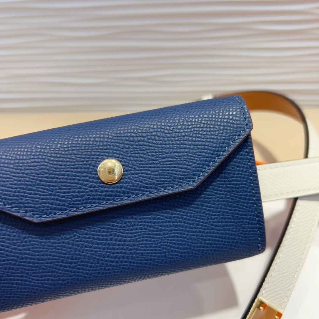 HERMES KELLY NAVY BLUE POCKET 18MM BELT WHITE LEATHER GOLD HARDWARE