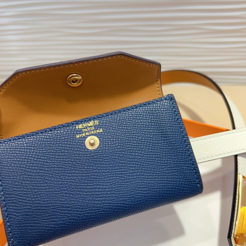 HERMES KELLY NAVY BLUE POCKET 18MM BELT WHITE LEATHER GOLD HARDWARE