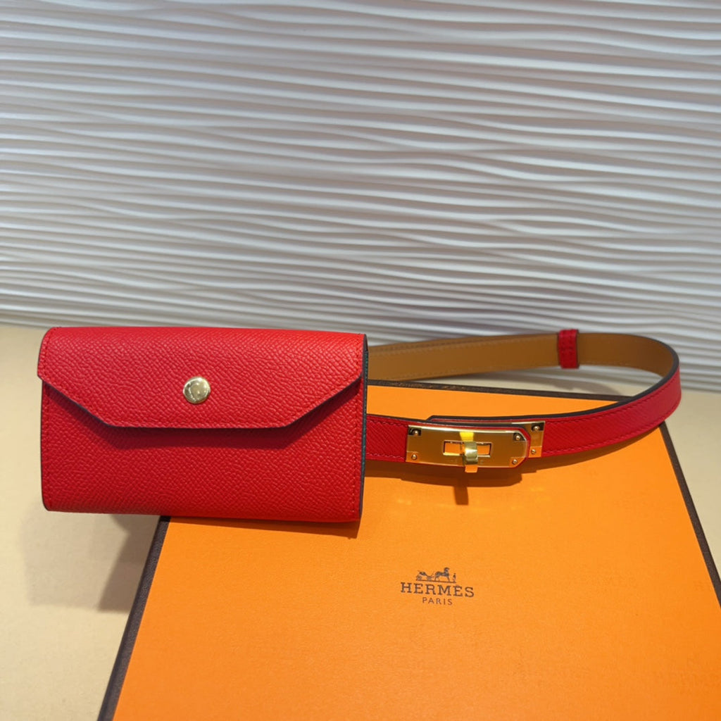 HERMES KELLY POCKET 18MM BELT CHERRY RED LEATHER GOLD HARDWARE