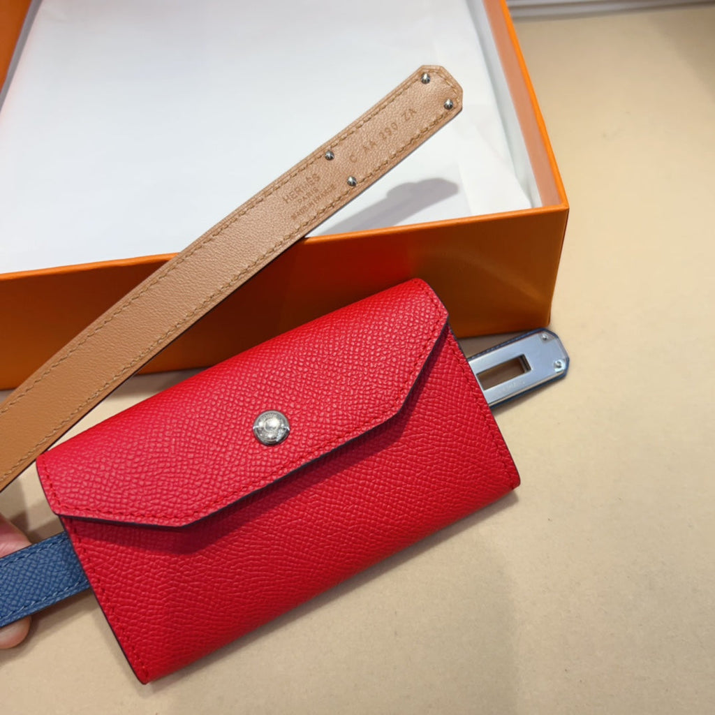 HERMES KELLY CHERRY RED POCKET 18MM BELT NAVY BLUE LEATHER GOLD HARDWARE