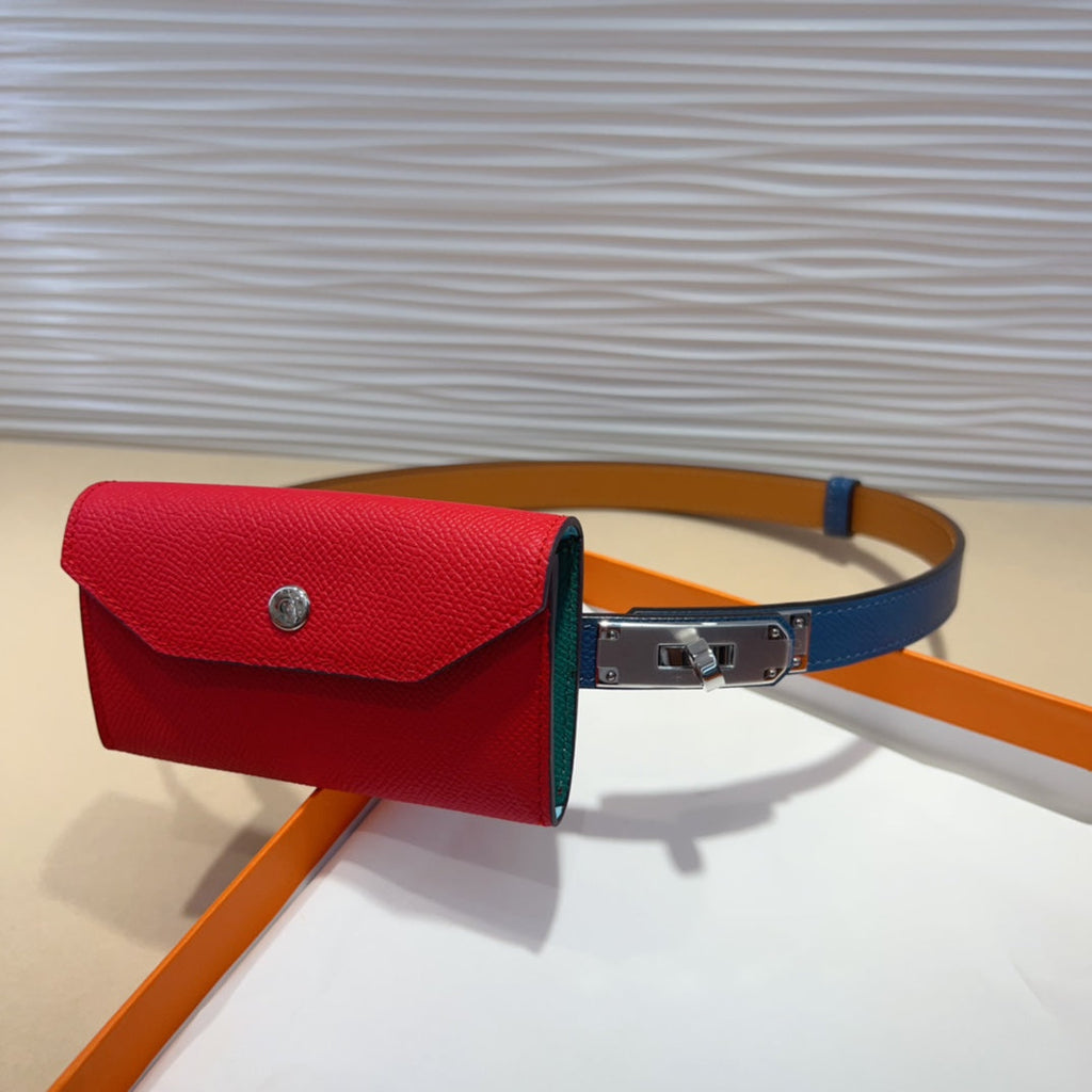 HERMES KELLY CHERRY RED POCKET 18MM BELT NAVY BLUE LEATHER GOLD HARDWARE
