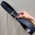 HERMES TRAVERSE BELT BUCKLE & REVERSIBLE NAVY BLUE LEATHER STRAP 38 MM SILVER HARDWARE
