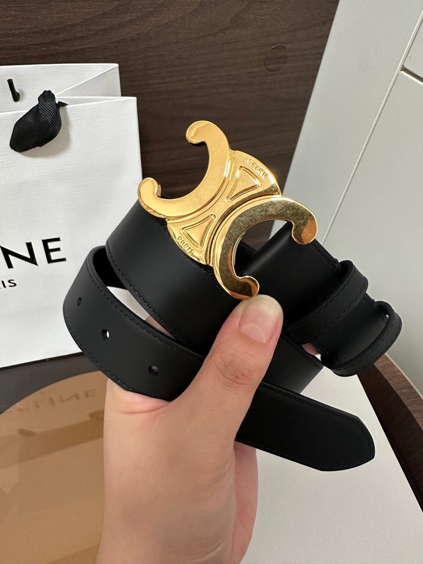 CELINE TRIOMPHE BELT 30MM IN BLACK CALFSKIN WITH GOLD BUCKLE