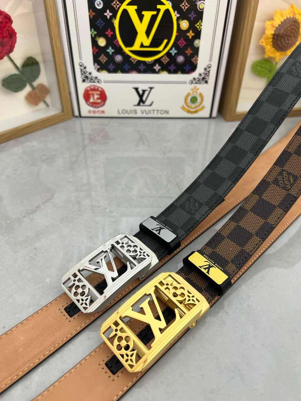 LOUIS VUITTON LV 25S BELT 35 MM IN BLACK MIX GREY CALFSKIN 593275