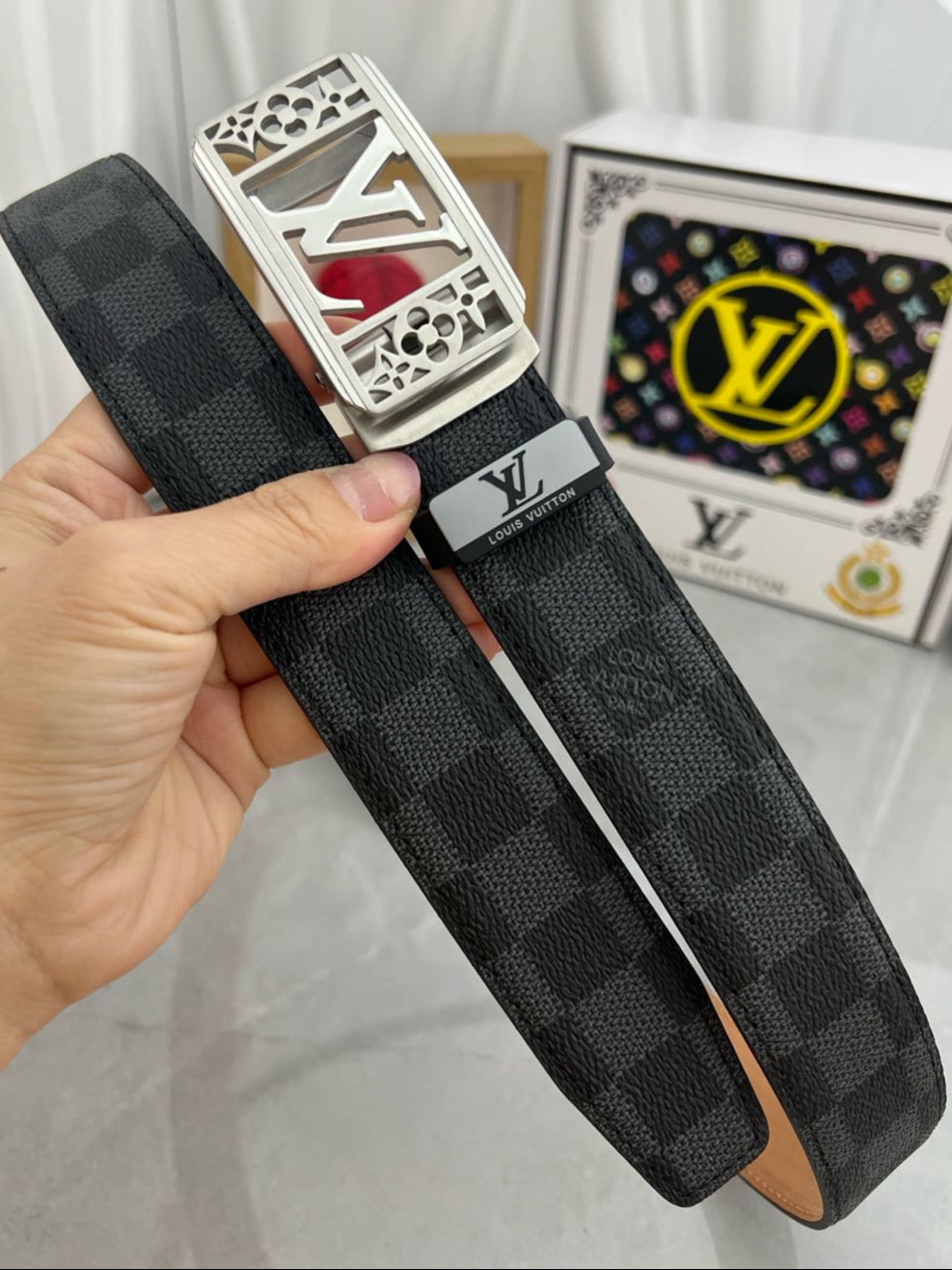 LOUIS VUITTON LV 25S BELT 35 MM IN BLACK MIX GREY CALFSKIN 593275