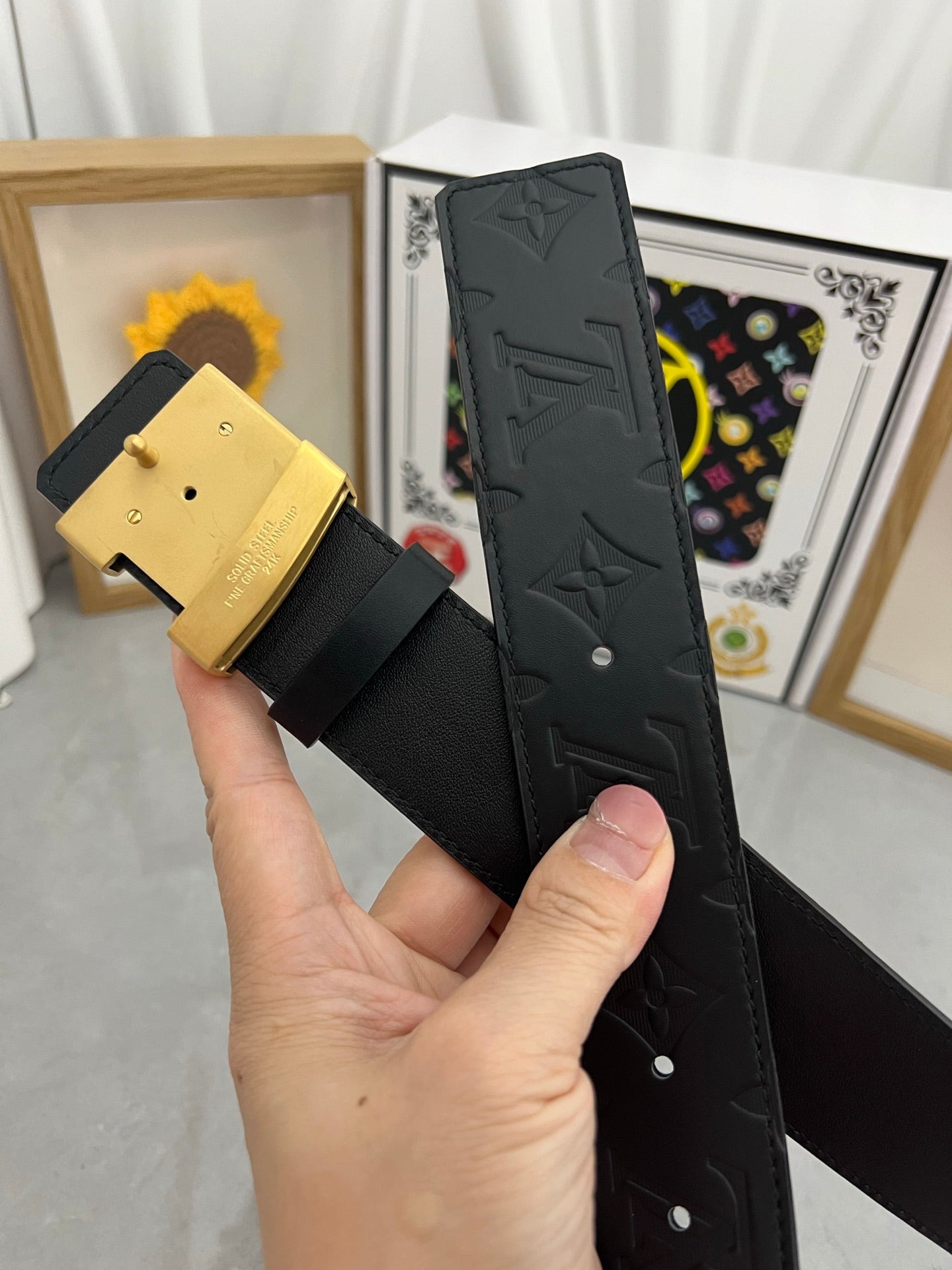 LOUIS VUITTON LV 25S BELT 38 MM IN BLACK CALFSKIN STAMP LOGO 593296