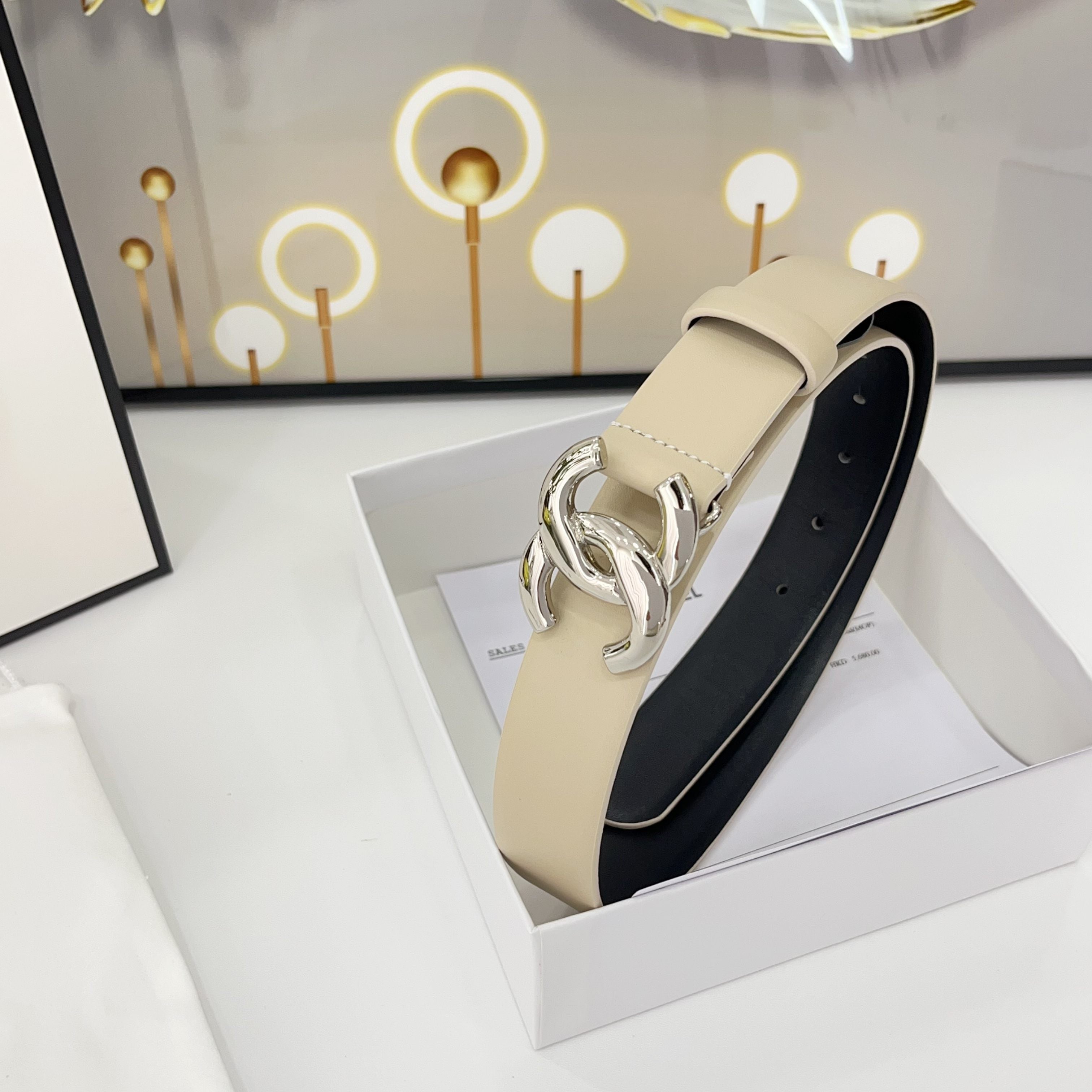 CHANEL DOUBLE C BELT 30MM IN BEIGE CALFSKIN WITH SHINY SILVER BUCKLE
