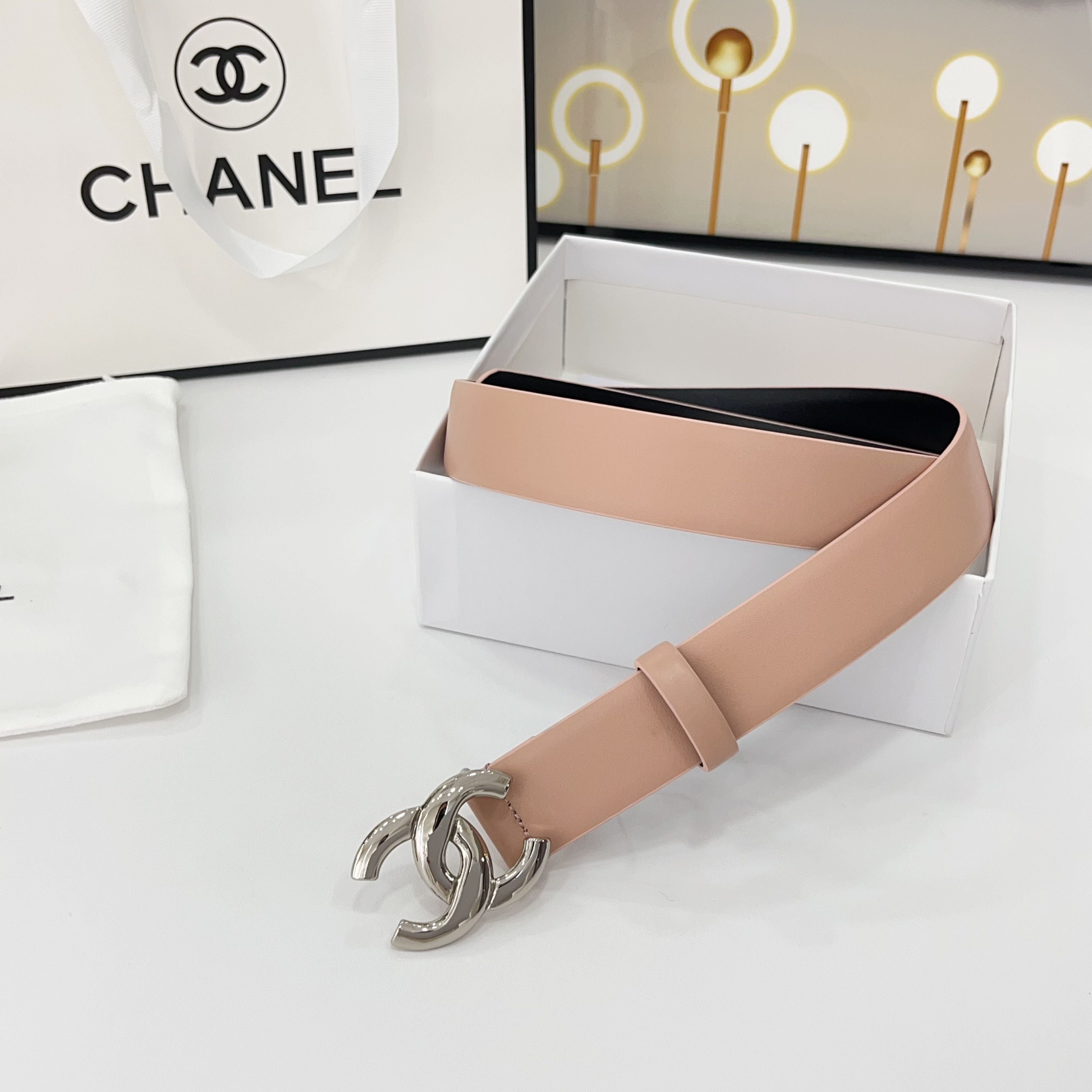 CHANEL DOUBLE C BELT 30MM IN BABY PINK CALFSKIN WITH SHINY SILVER BUCKLE